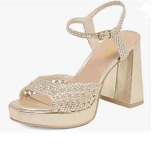 XYD Gold Block Wide Heels Open Toe Platform Woven Buckled Ankle Straps Sandals